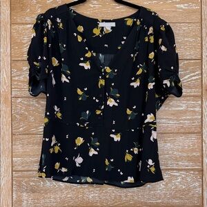 Floral Black Blouse with Yellow and White Accents